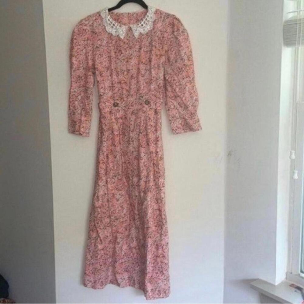 Vintage Handmade Pink Prairie Girl 1/2 Sleeve Scribble Print Dress